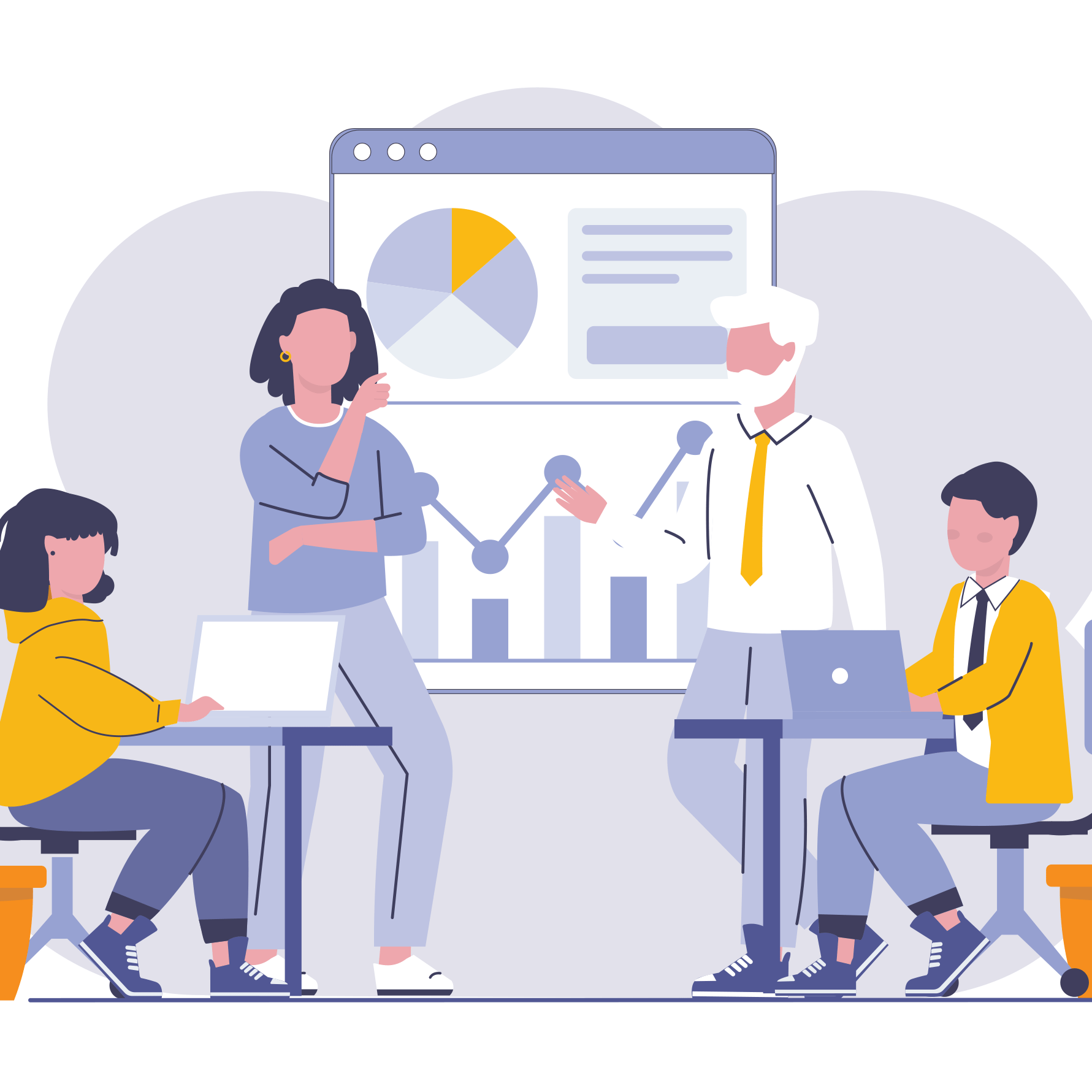 a drawing showing 4 team members around a large data chart with two of the people standing like consultants and two people at their computers like analyzing data and graphics