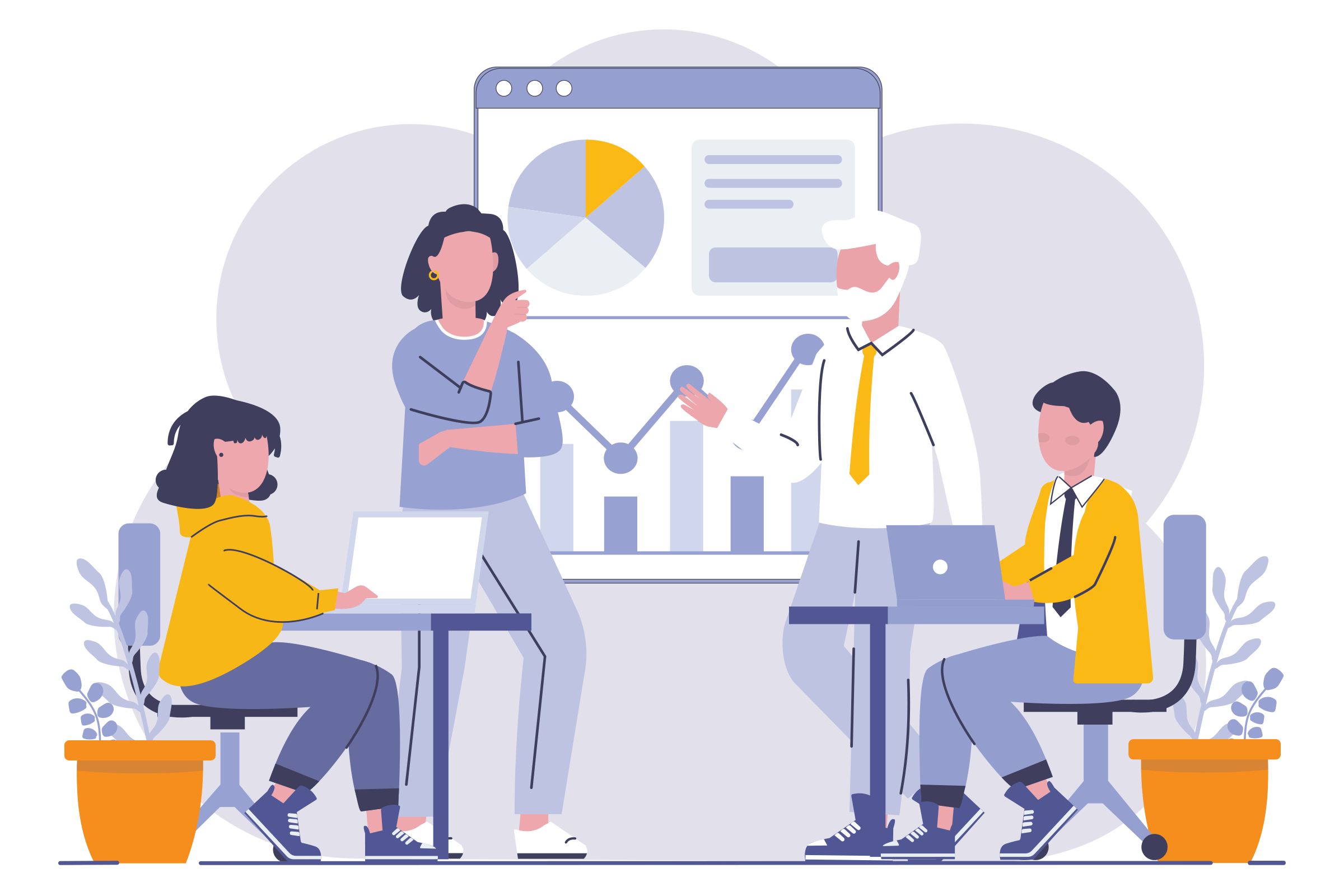 a drawing showing 4 team members around a large data chart with two of the people standing like consultants and two people at their computers like analyzing data and graphics