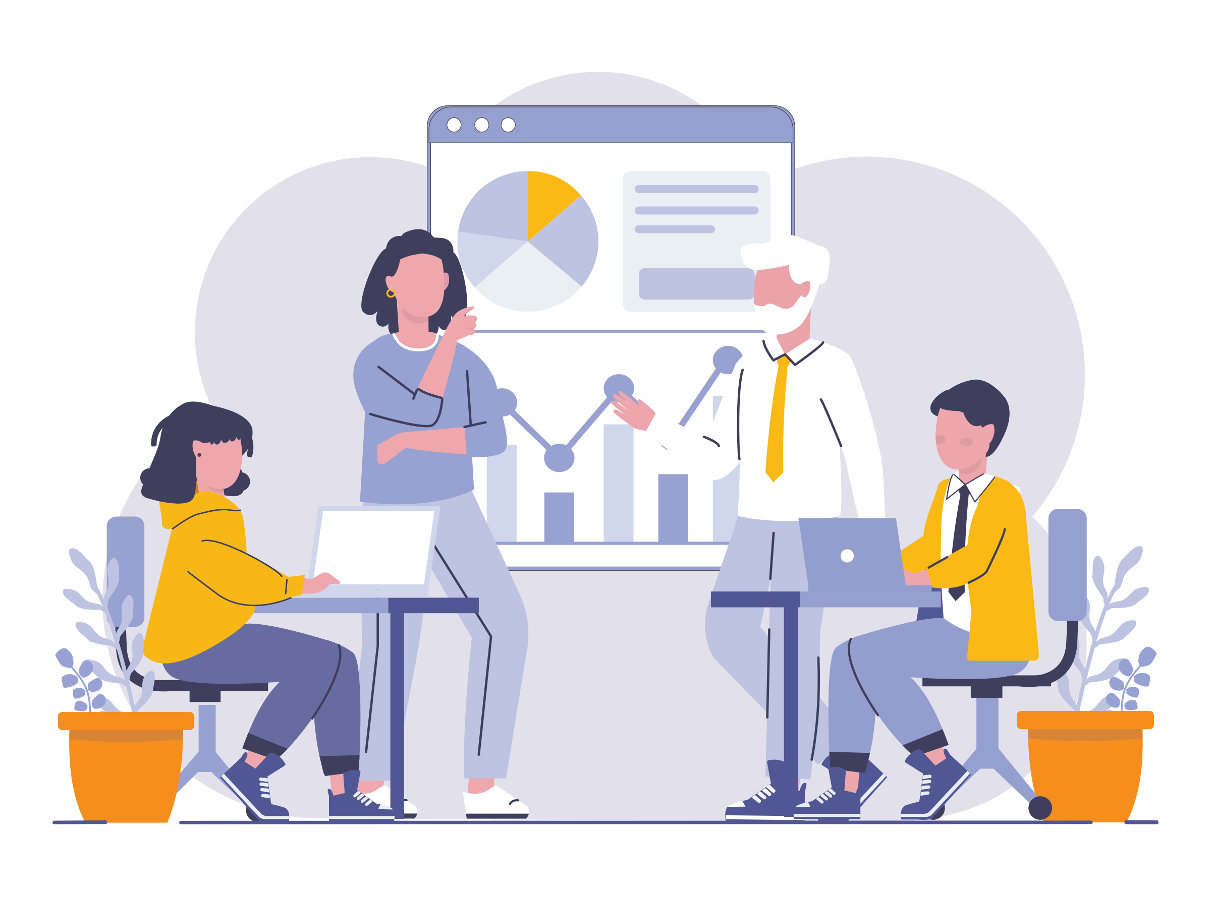 a drawing showing 4 team members around a large data chart with two of the people standing like consultants and two people at their computers like analyzing data and graphics